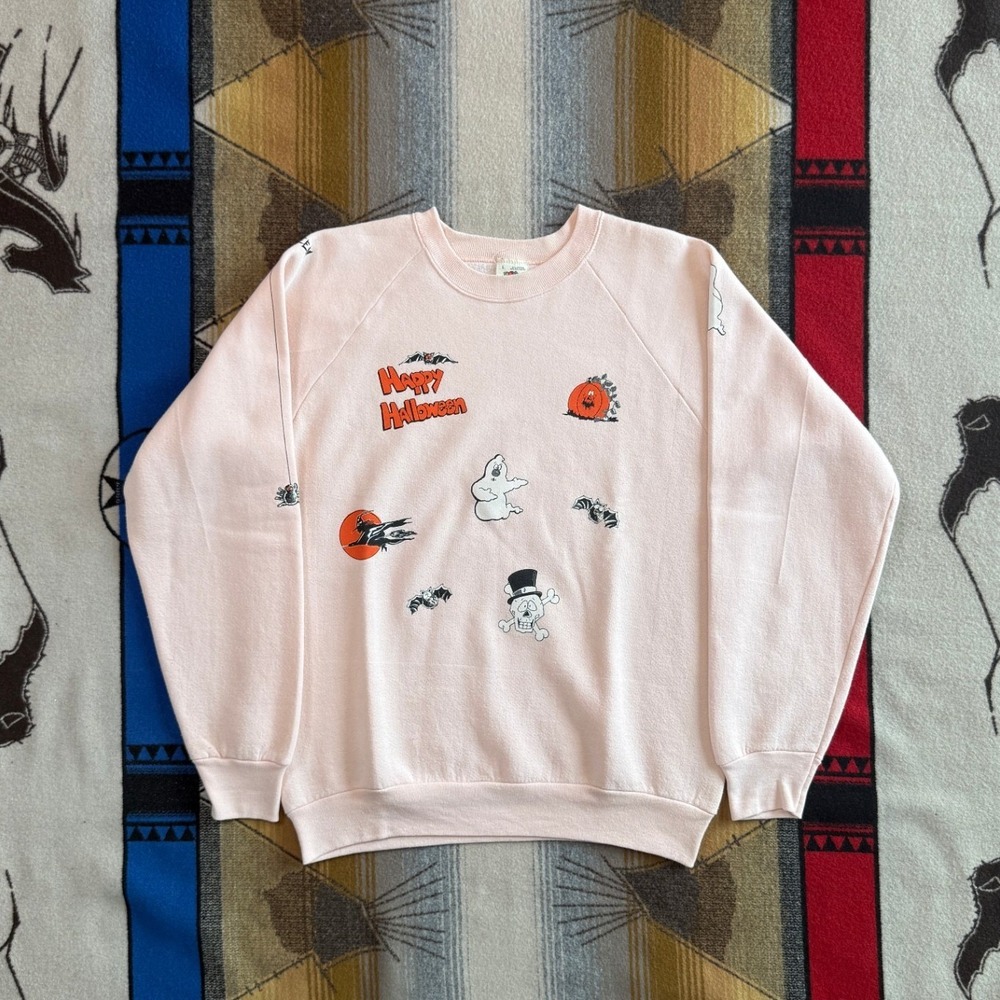 Vintage Fruit of the Loom Halloween Sweatshirt Pink Raglan Ghost Pumpkin Large